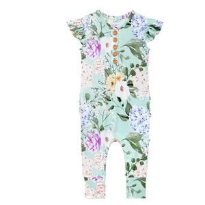 Posh Peanut Bamboo Erin Minty AOP Henley Romper 9-12 months NWT Soft Girl Pastel